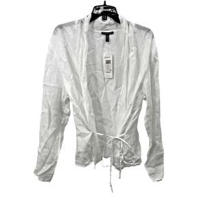 Eileen Fisher White High Collar Jacket Organic Handkerchief Linen Blouse Size L